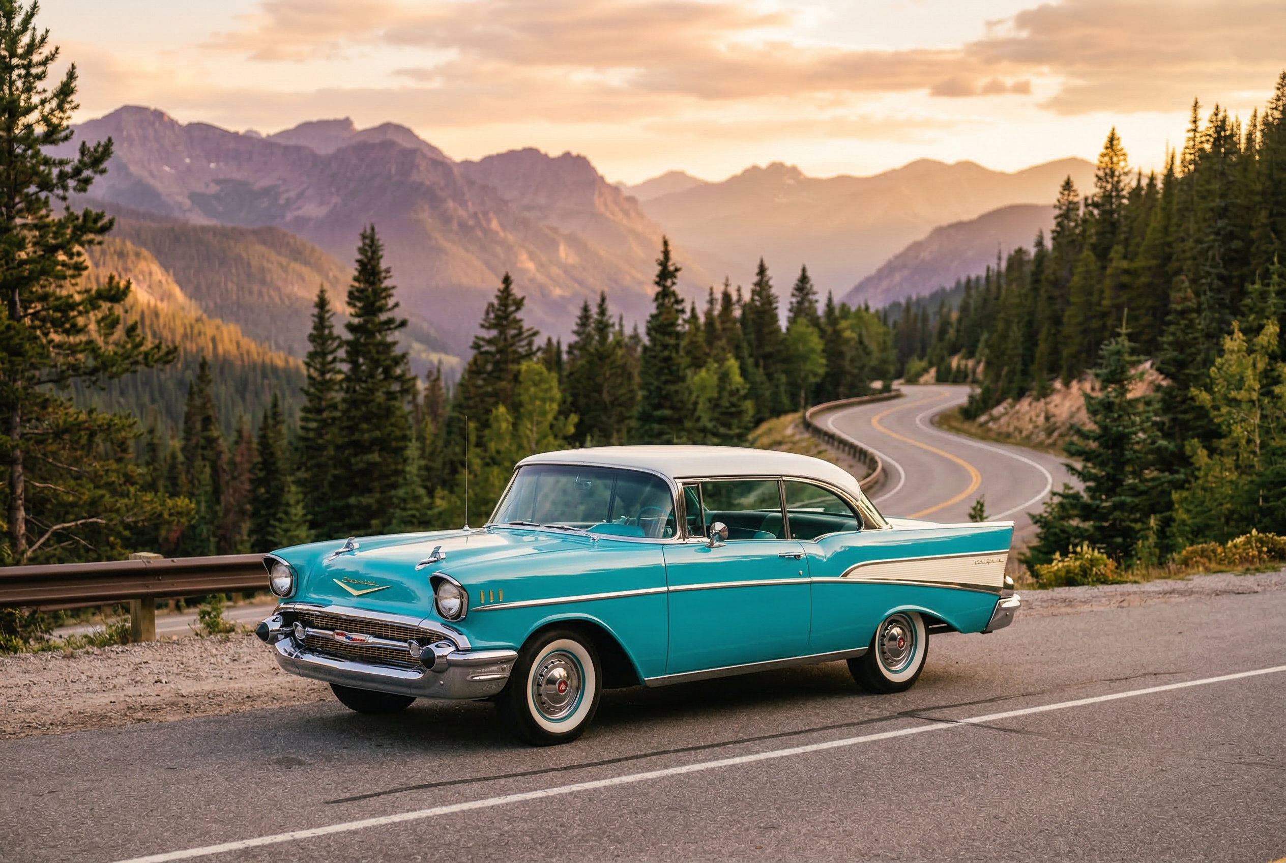 Restored 1957 Chevrolet Bel Air in turquoise and white on a scenic mountain road