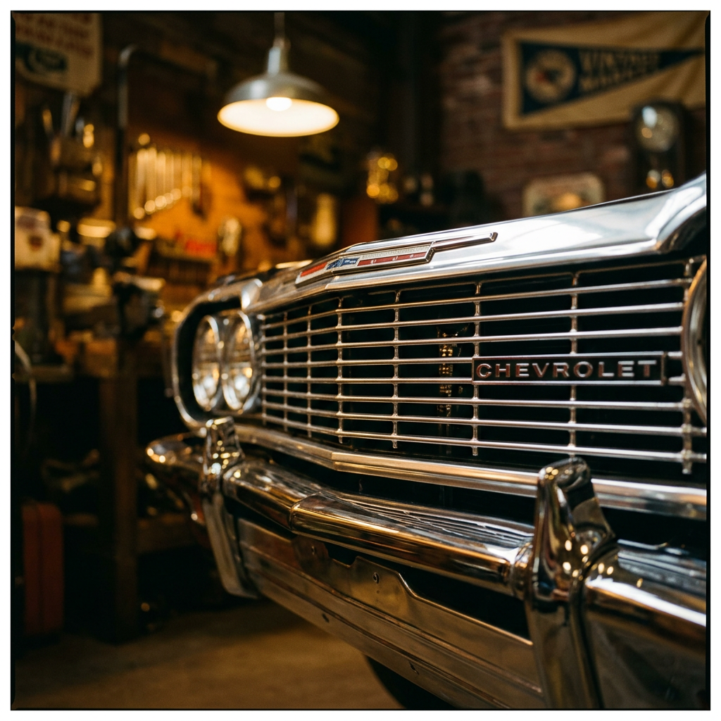 Close-up of restored classic car chrome bumper and grille reflecting light