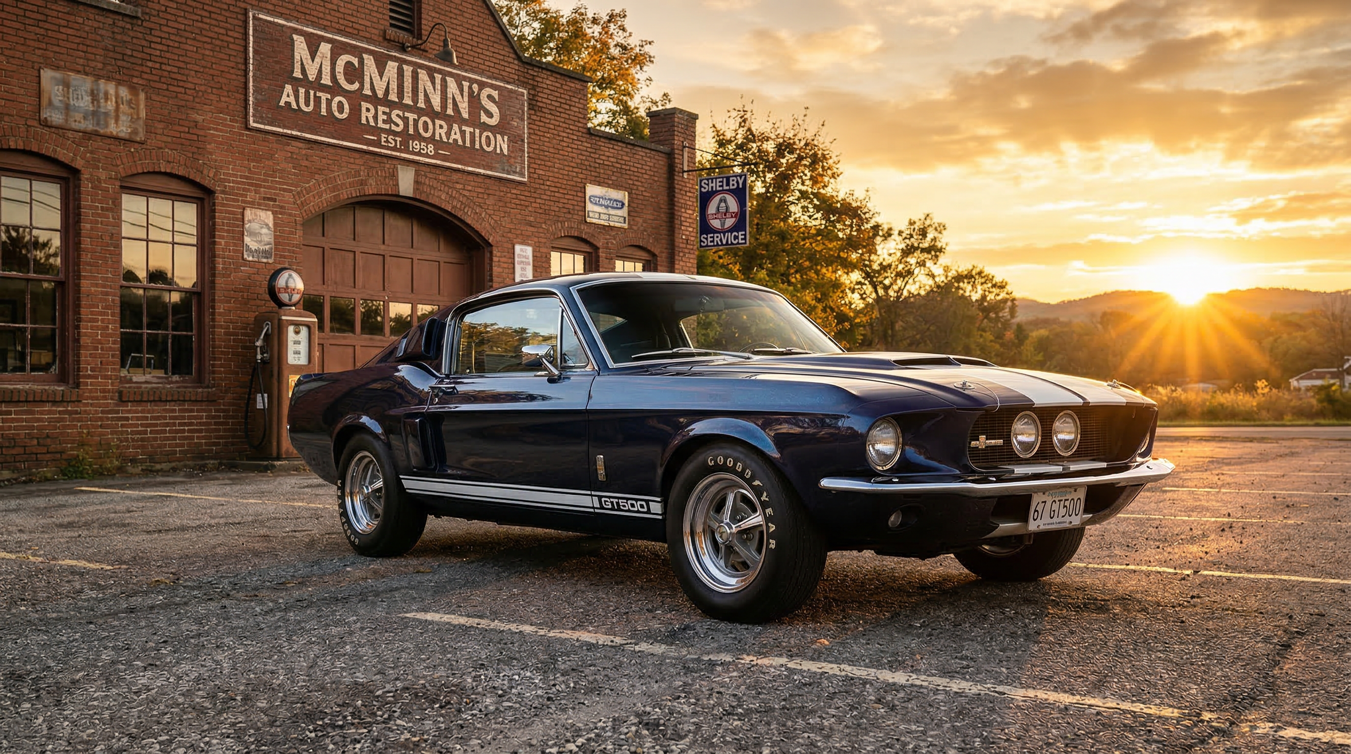 Restored 1967 Ford Mustang Shelby GT500 in deep midnight blue at golden hour