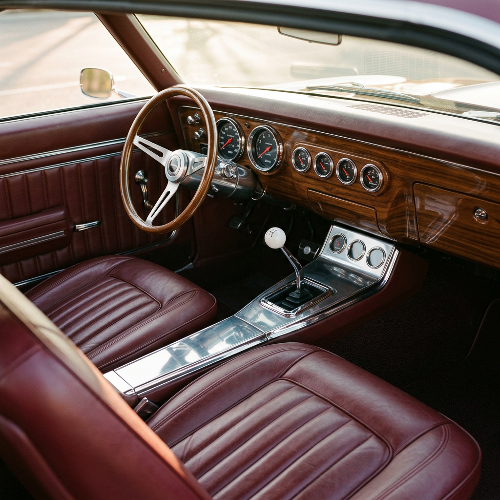 Luxuriously restored classic car interior with leather seats and polished wood dashboard