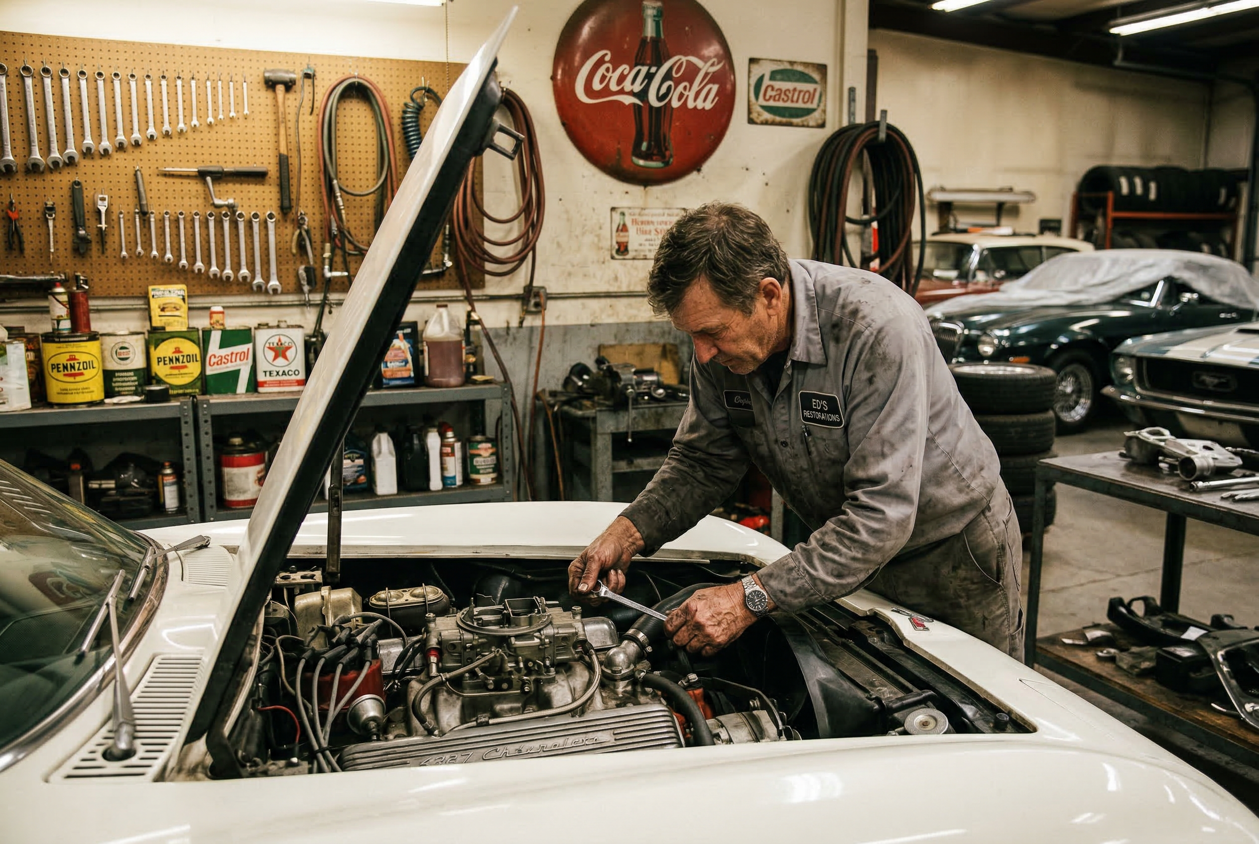 Classic car restoration workshop with mechanic working on a vintage Corvette engine